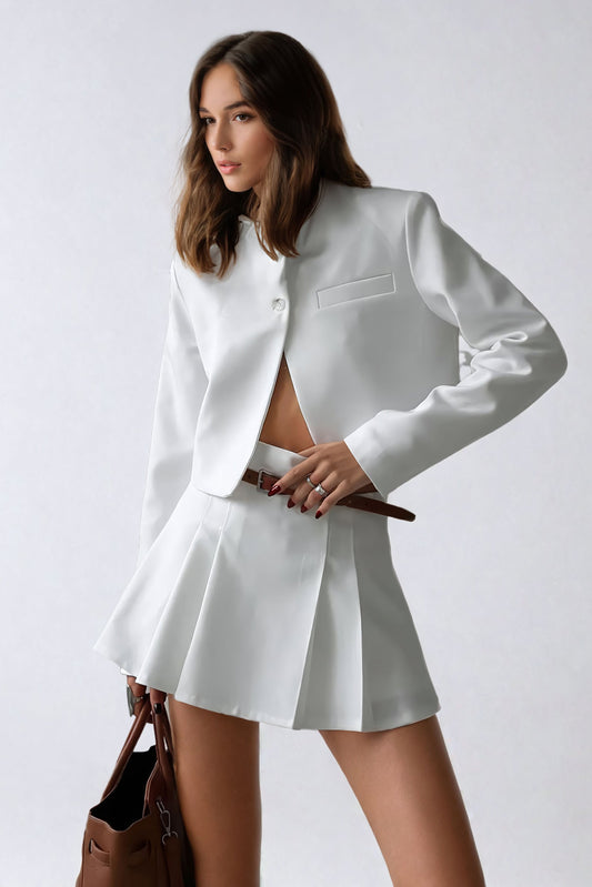 Cropped Blazer and Pleated Mini Skirt Co-Ord Set - White