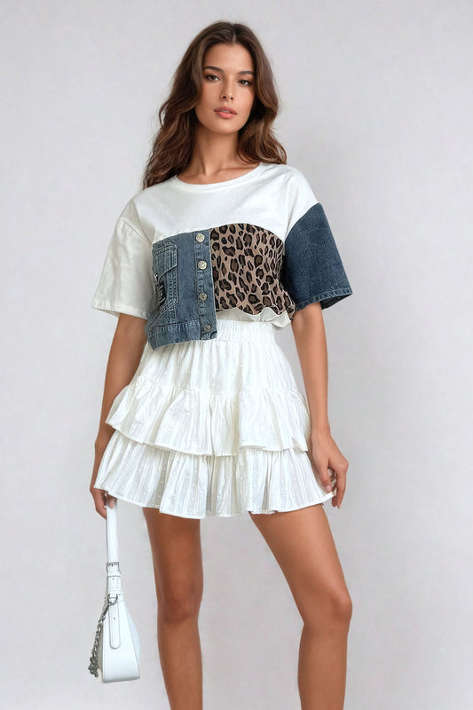 Leopard Print Patchwork Denim Accent T-Shirt - White