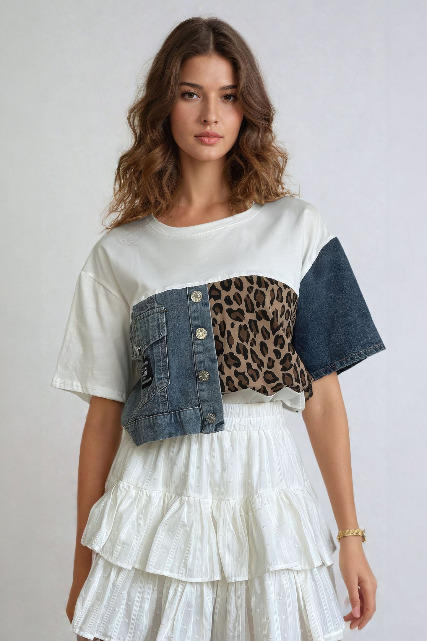 Leopard Print Patchwork Denim Accent T-Shirt - White