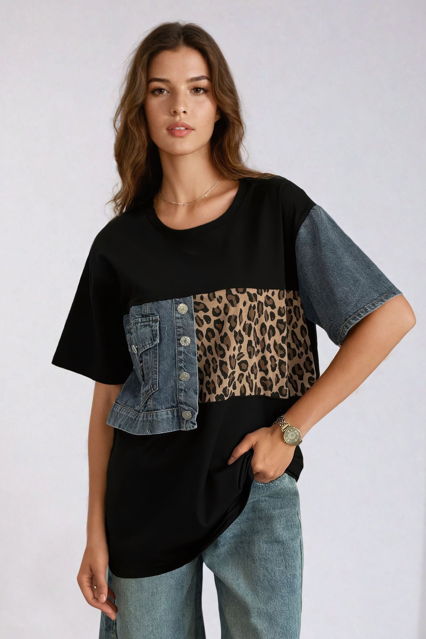 Leopard Print Patchwork Denim Accent T-Shirt - Black