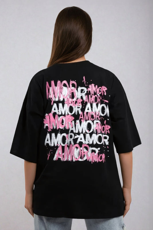 Graffiti-Print "AMOR" Oversized T-shirt - Black