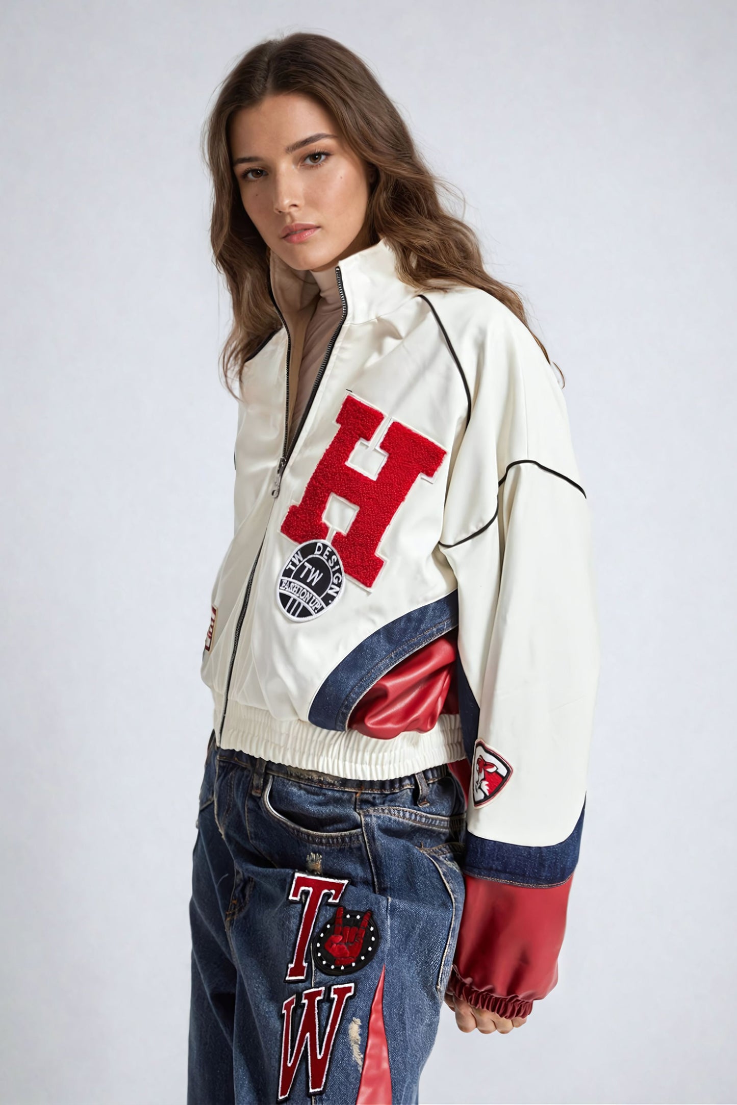 Embroidered Letter Patch Varsity-Inspired Jacket - White