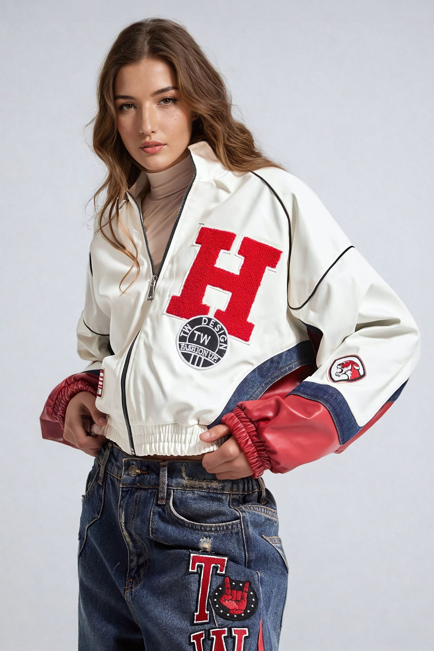 Embroidered Letter Patch Varsity-Inspired Jacket - White