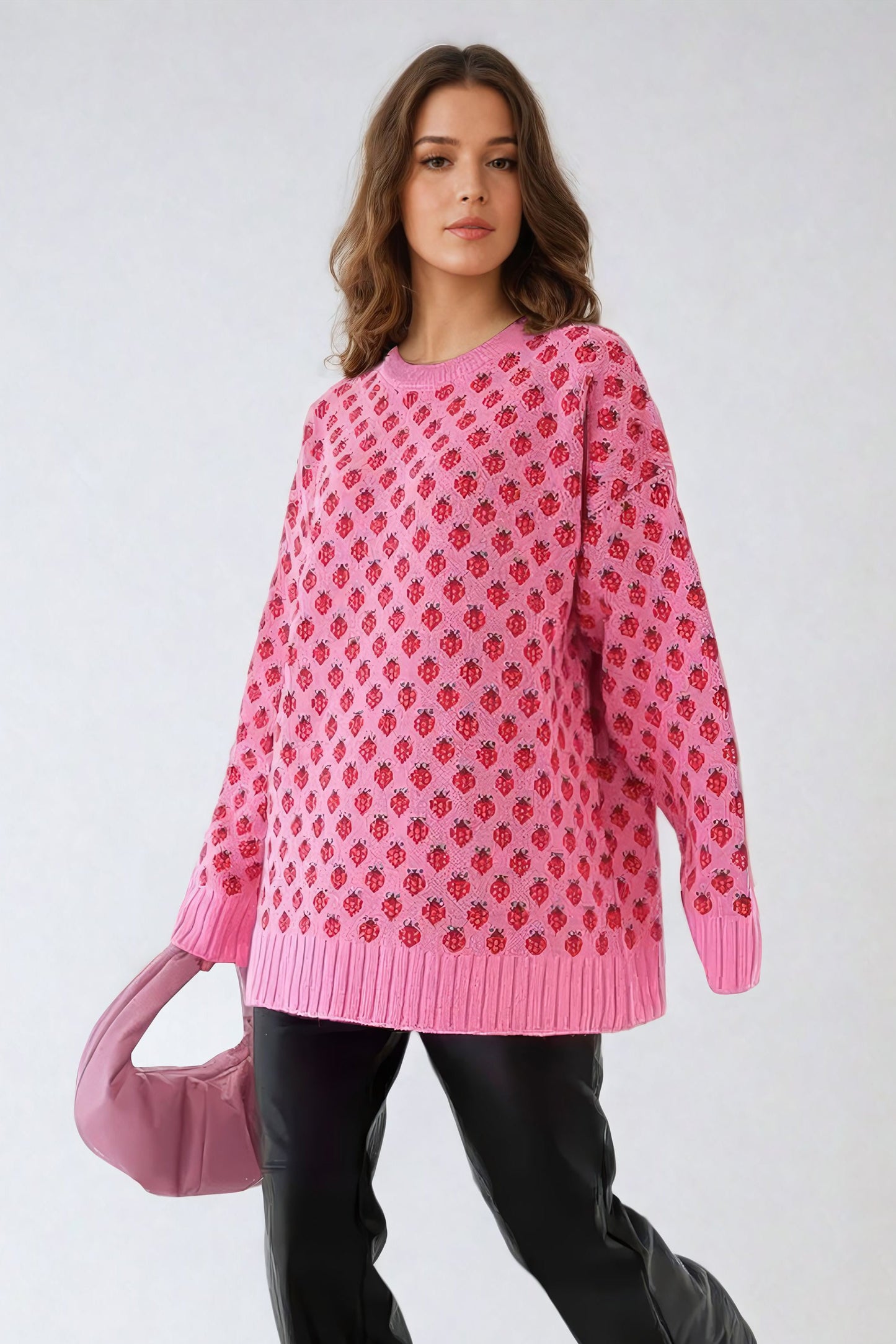 Strawberry Pattern Knit Sweater with Ribbed Details - Pink