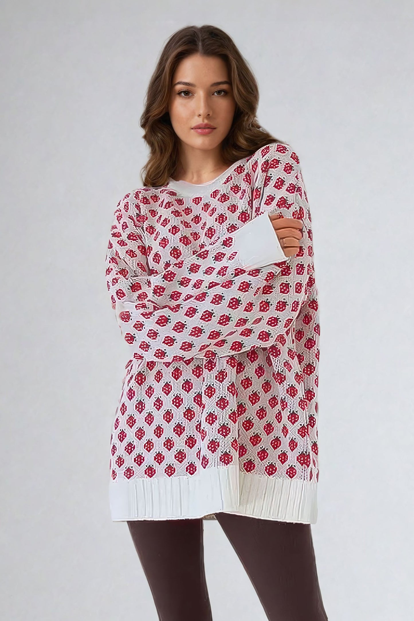 Strawberry Pattern Knit Sweater with Ribbed Details - White