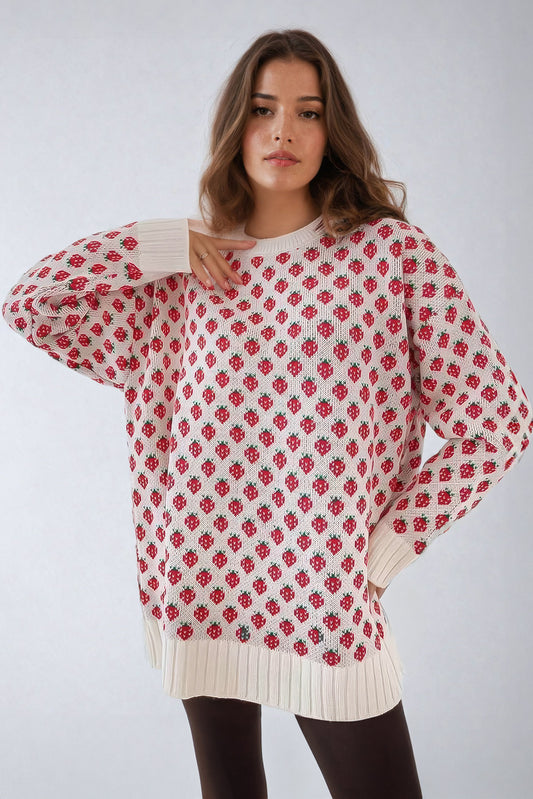 Strawberry Pattern Knit Sweater with Ribbed Details - White