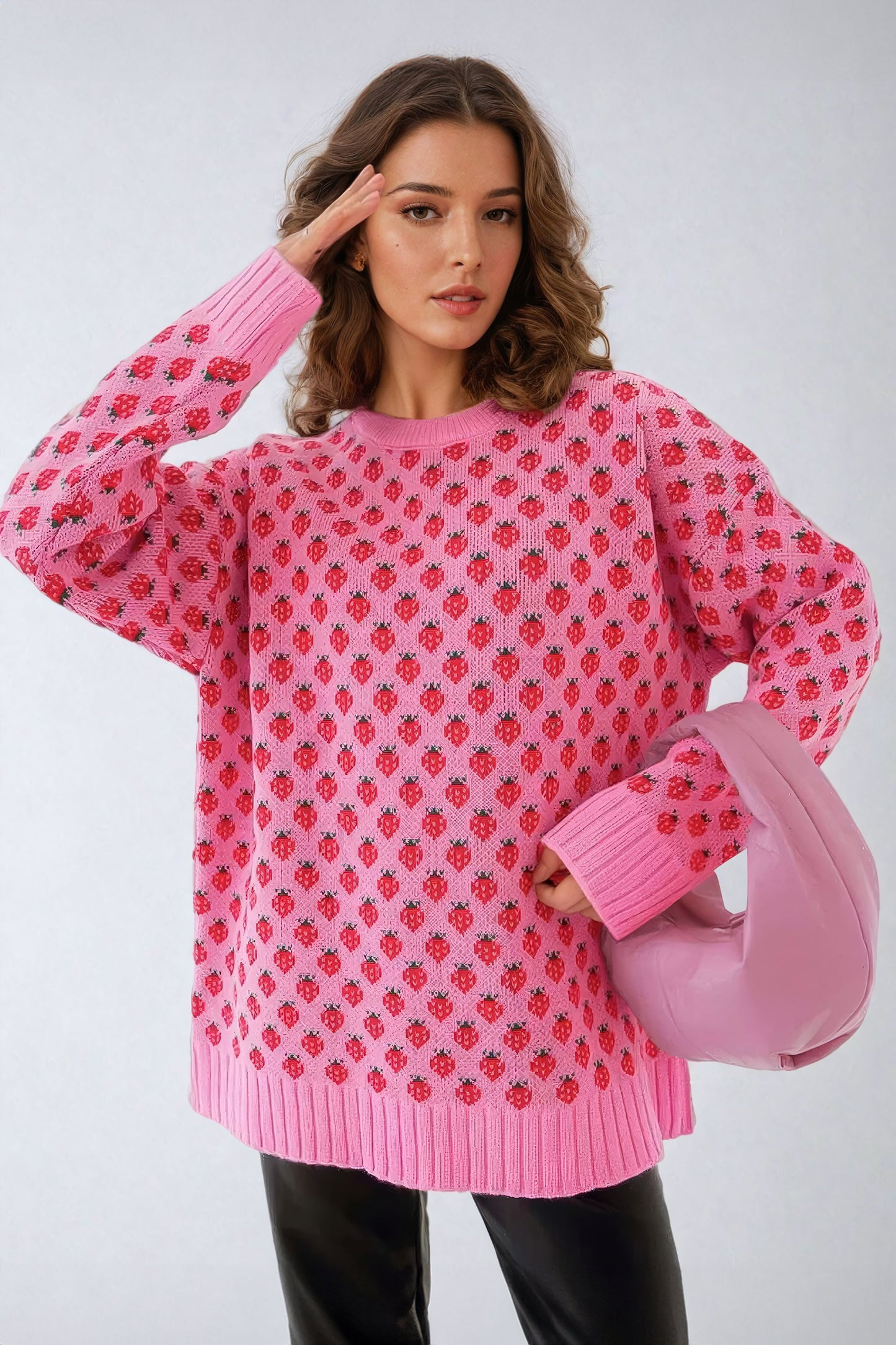 Strawberry Pattern Knit Sweater with Ribbed Details - Pink