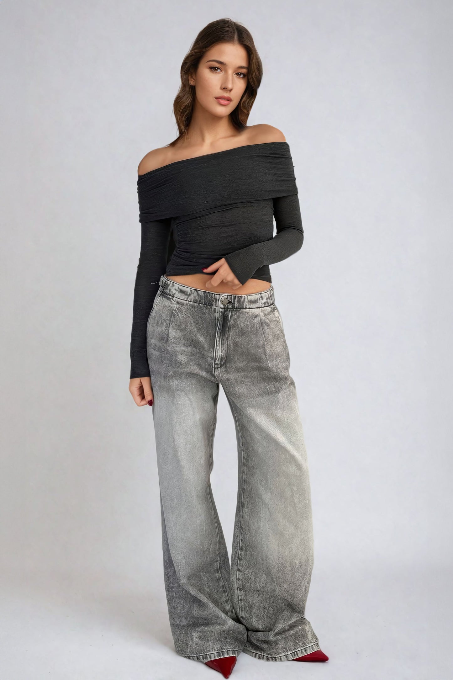 Wide-Leg Jeans with Adjustable Waist Tabs - Gray