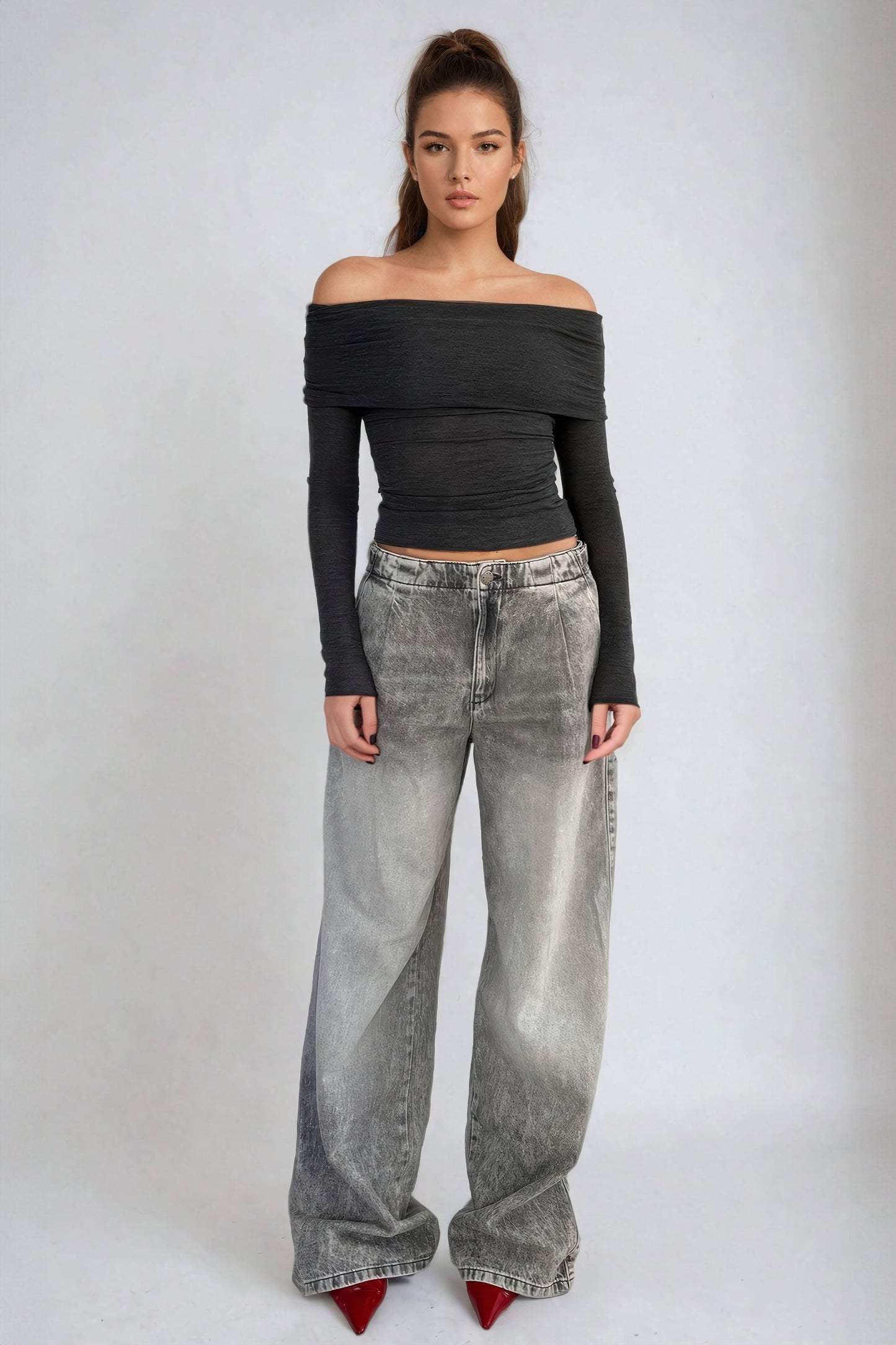 Wide-Leg Jeans with Adjustable Waist Tabs - Gray