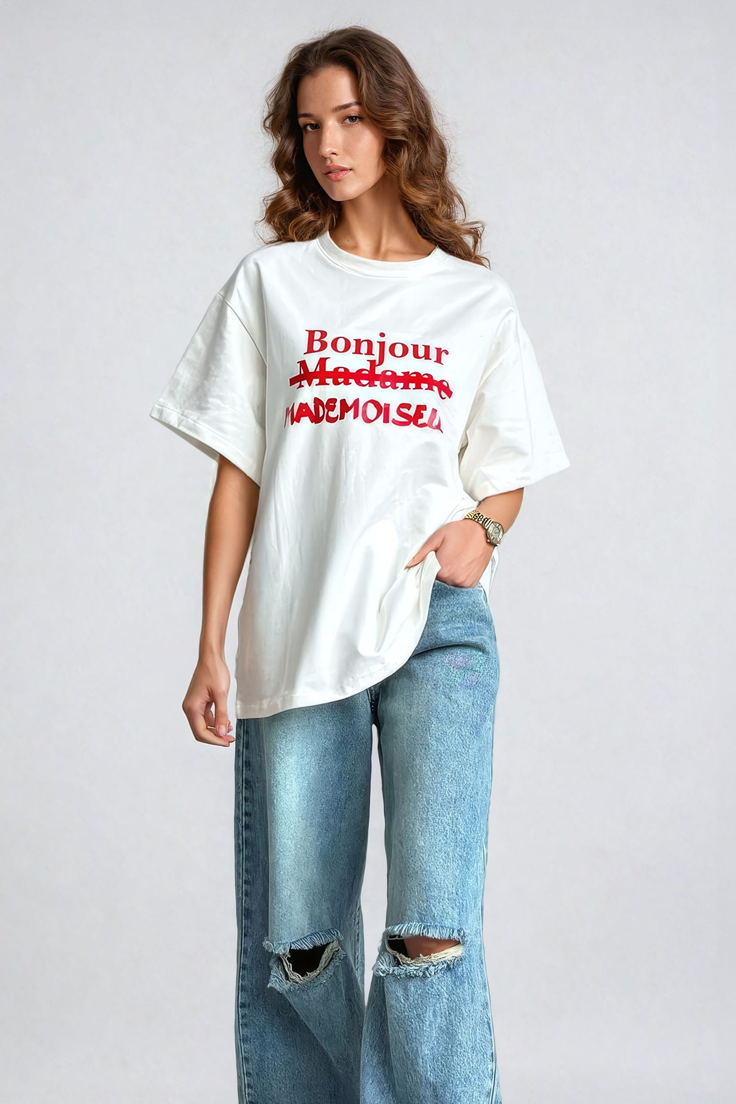 Oversized Graphic Print T-Shirt with "Bonjour Mademoiselle" Design - White