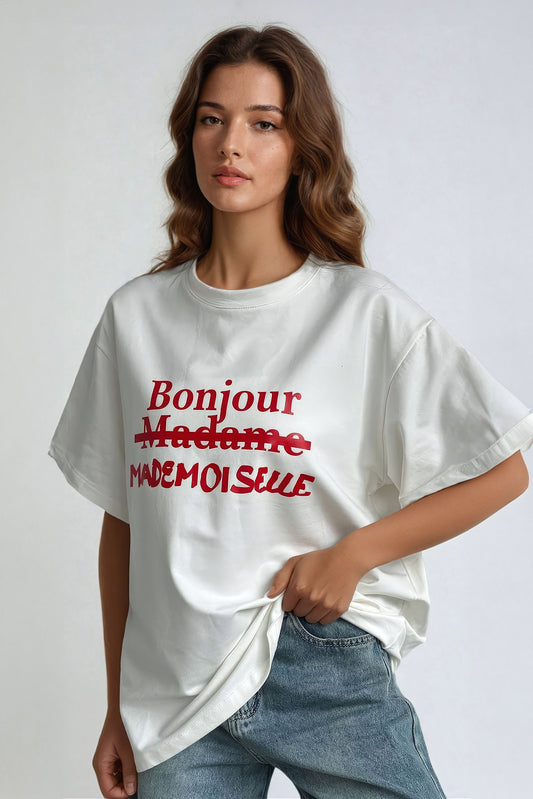 Oversized Graphic Print T-Shirt with "Bonjour Mademoiselle" Design - White