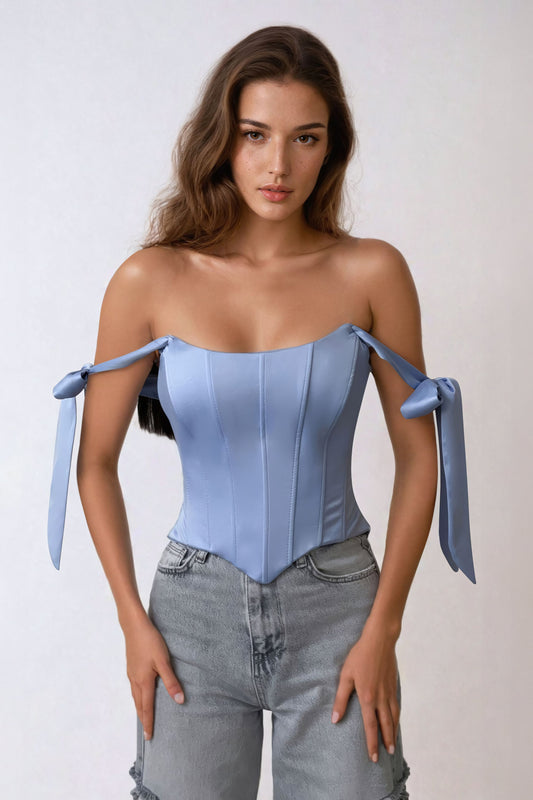 Off-Shoulder Corset Top with Bow Tie Straps - Blue