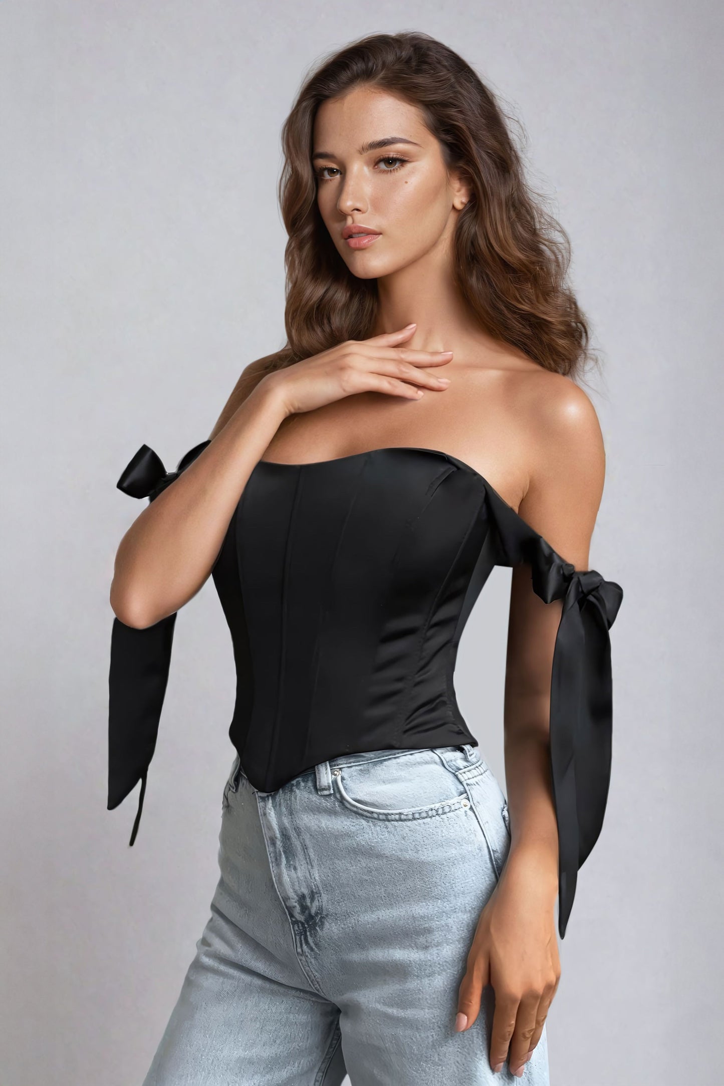 Off-Shoulder Corset Top with Bow Tie Straps - Black