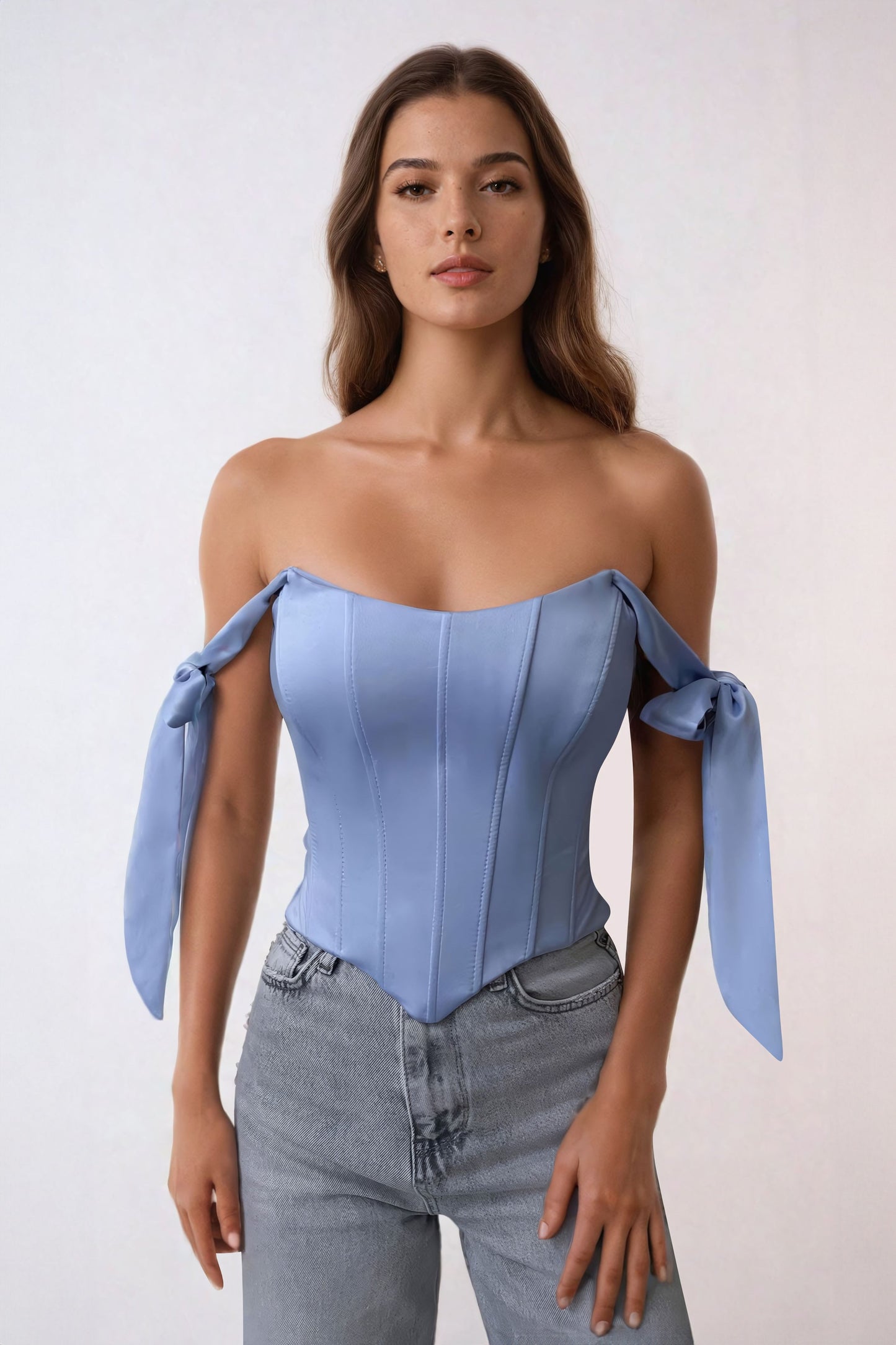 Off-Shoulder Corset Top with Bow Tie Straps - Blue