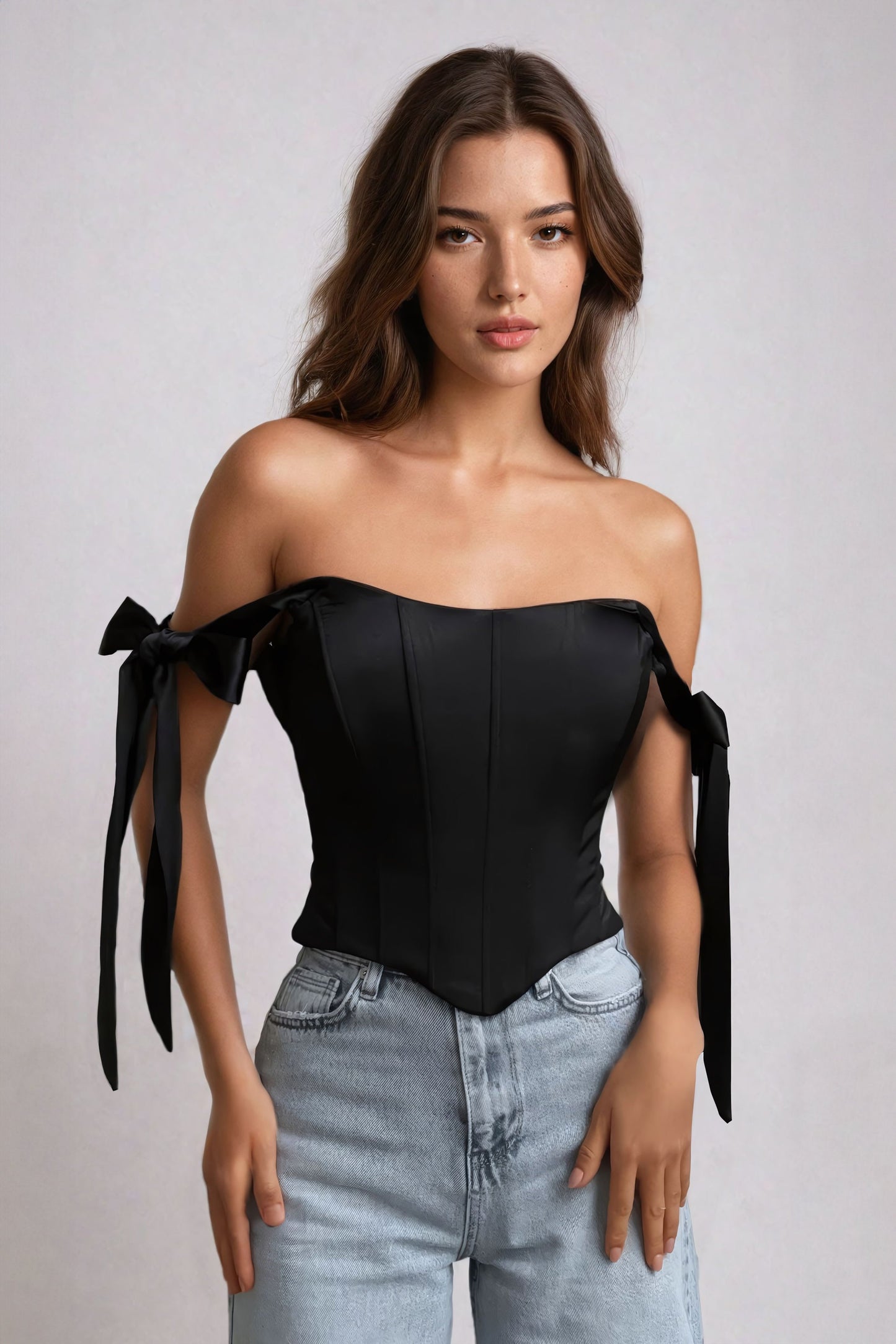 Off-Shoulder Corset Top with Bow Tie Straps - Black