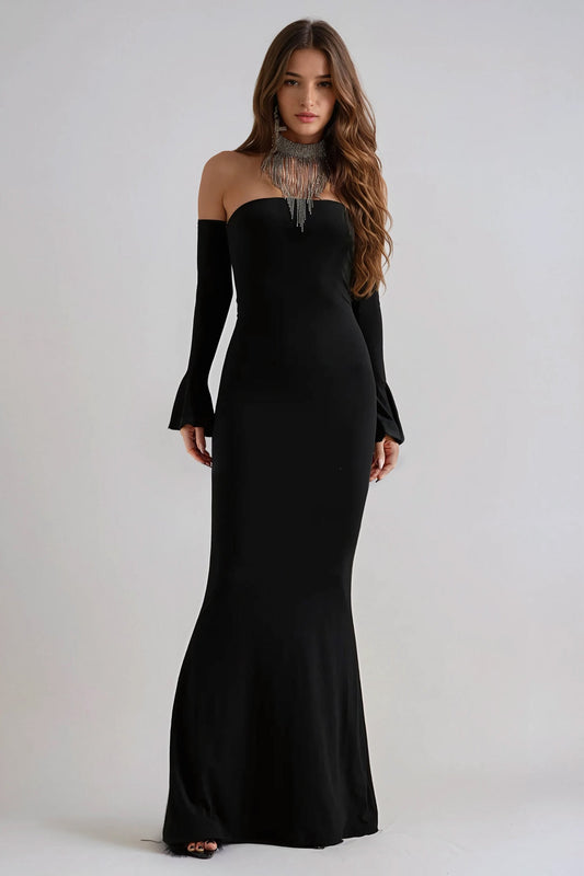 Off-Shoulder Long Sleeve Bodycon Maxi Dress with Flared Cuffs - Black