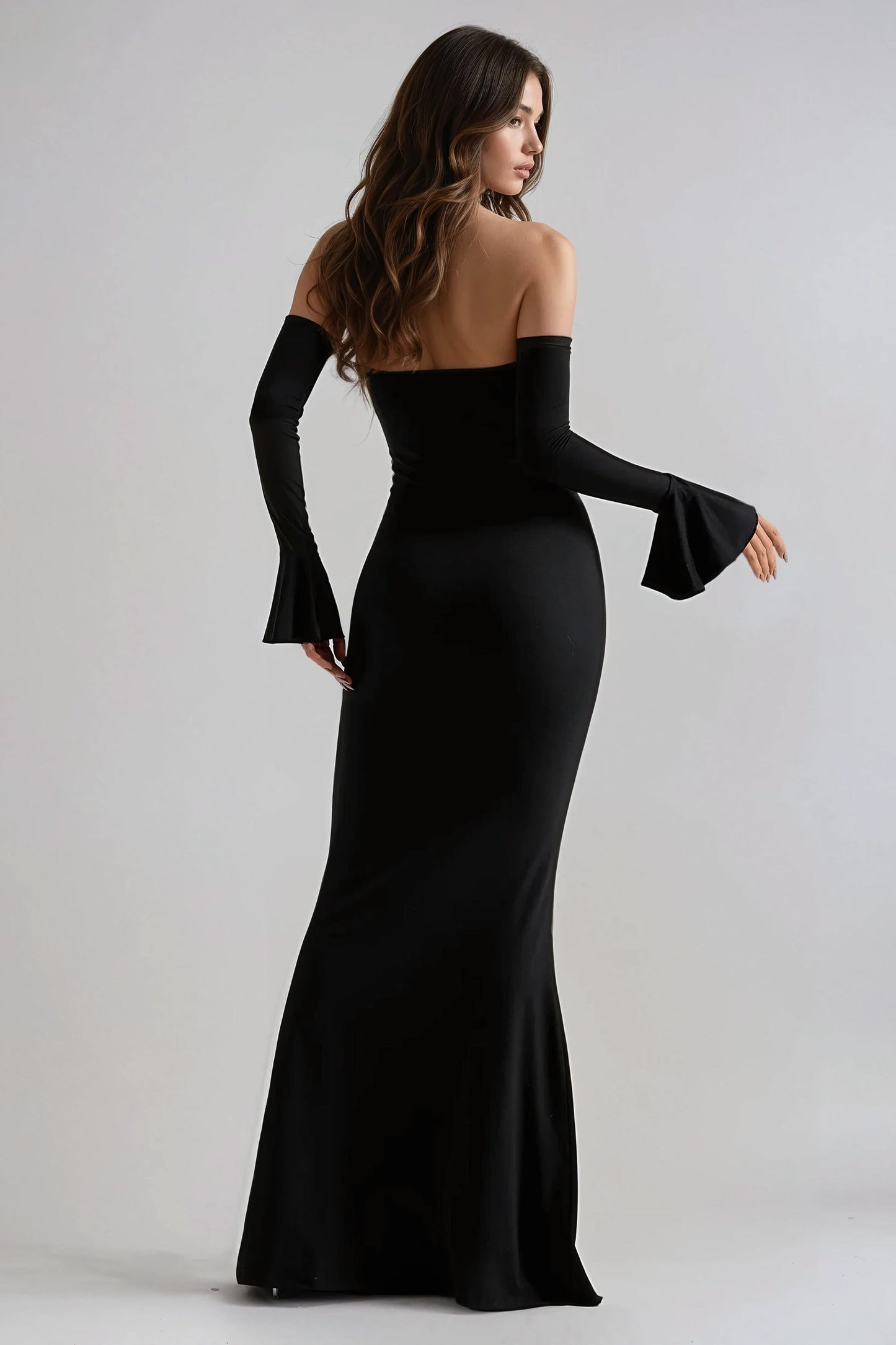 Off-Shoulder Long Sleeve Bodycon Maxi Dress with Flared Cuffs - Black