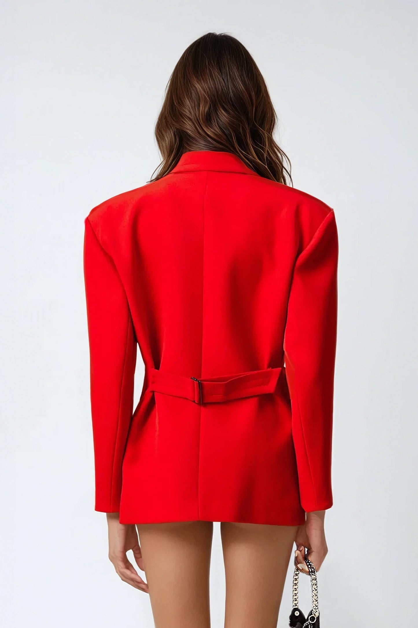 Double-Breasted Blazer with Adjustable Belted Back - Red