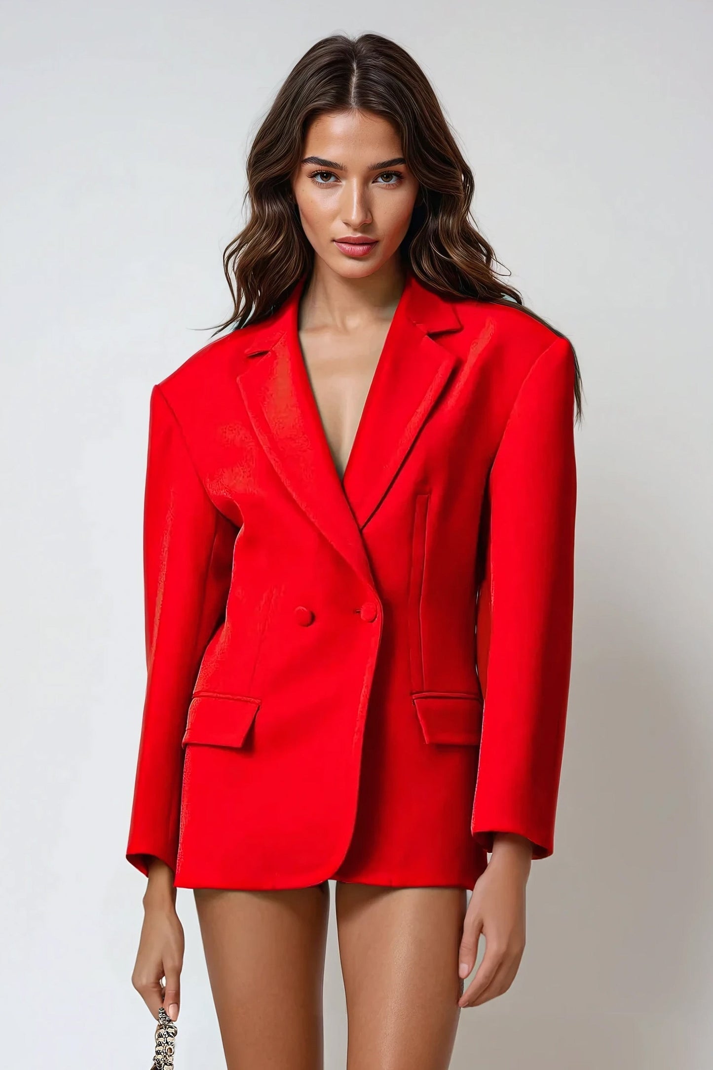 Double-Breasted Blazer with Adjustable Belted Back - Red