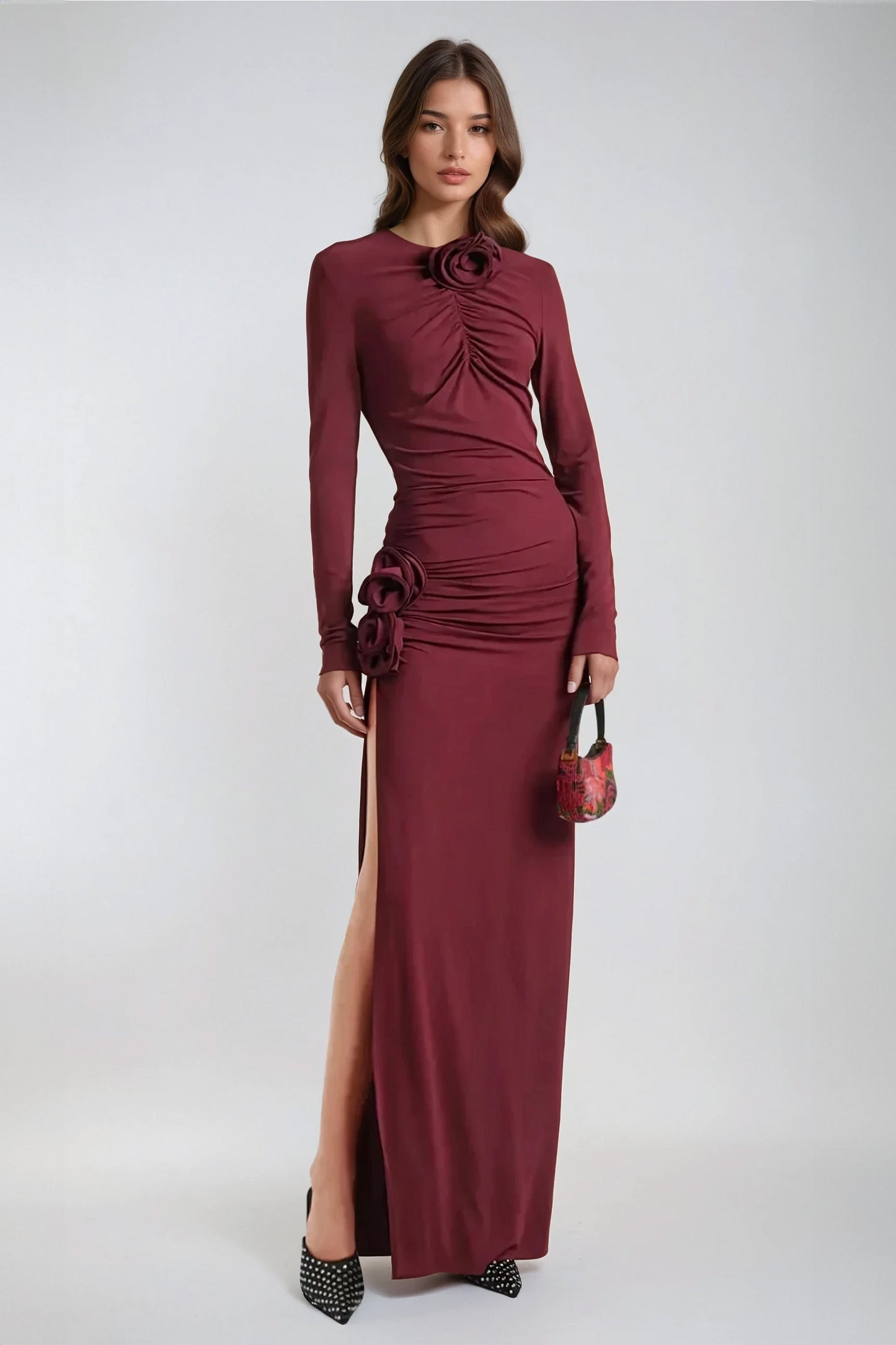 Long Sleeve Ruched Maxi Dress with Floral Accents - Burgundy