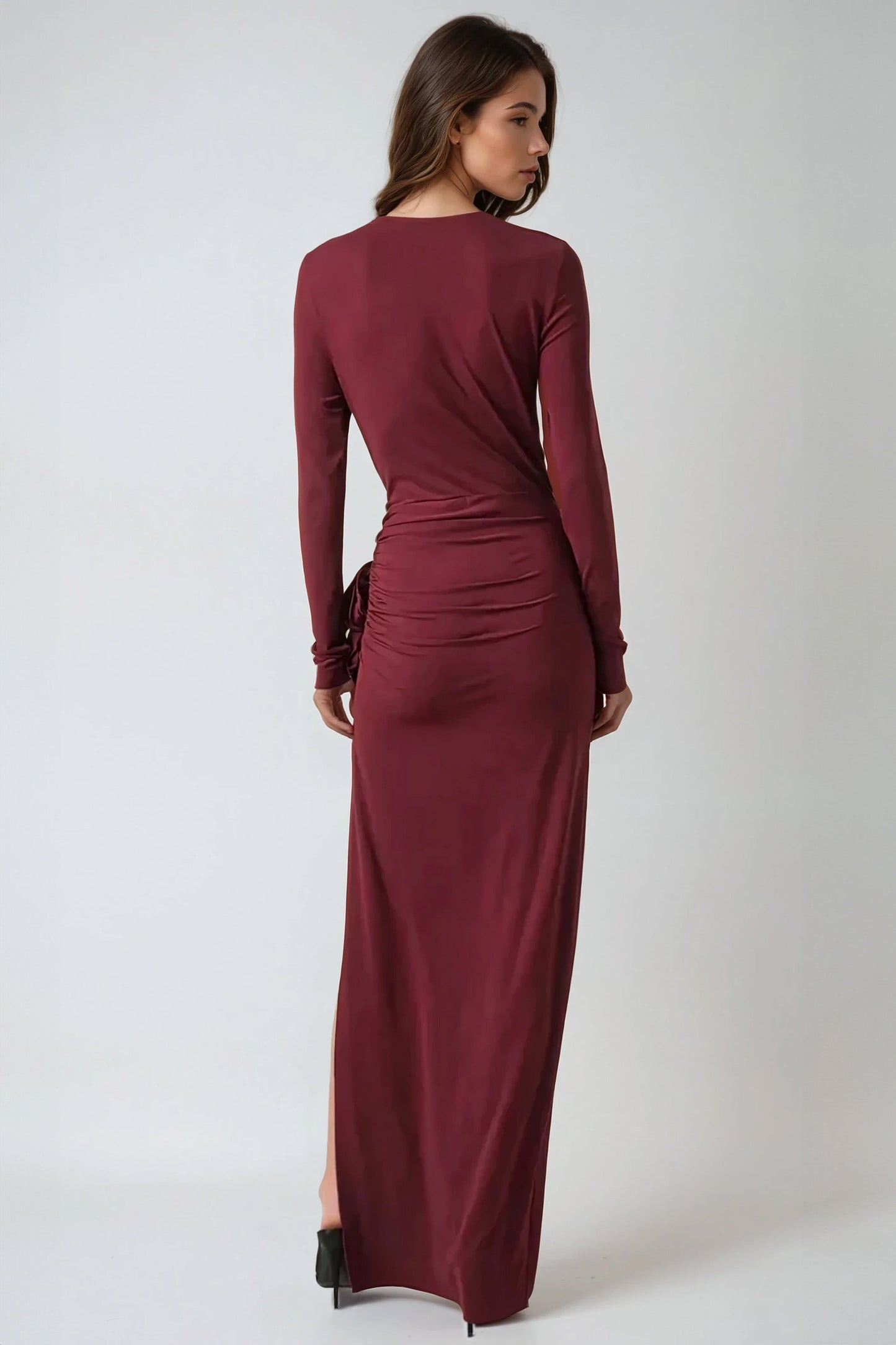 Long Sleeve Ruched Maxi Dress with Floral Accents - Burgundy