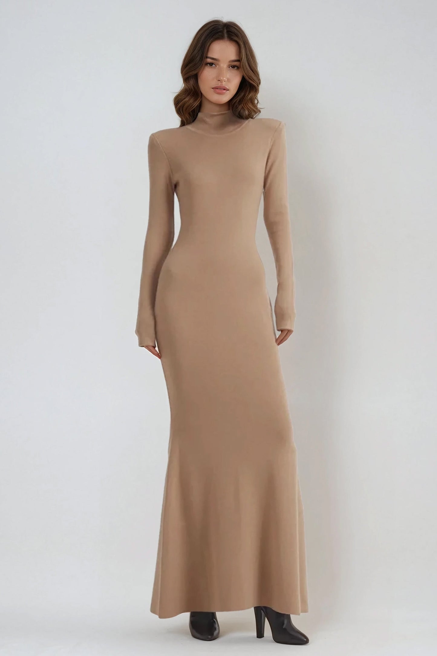 Long Sleeve High Neck Bodycon Maxi Dress - Brown