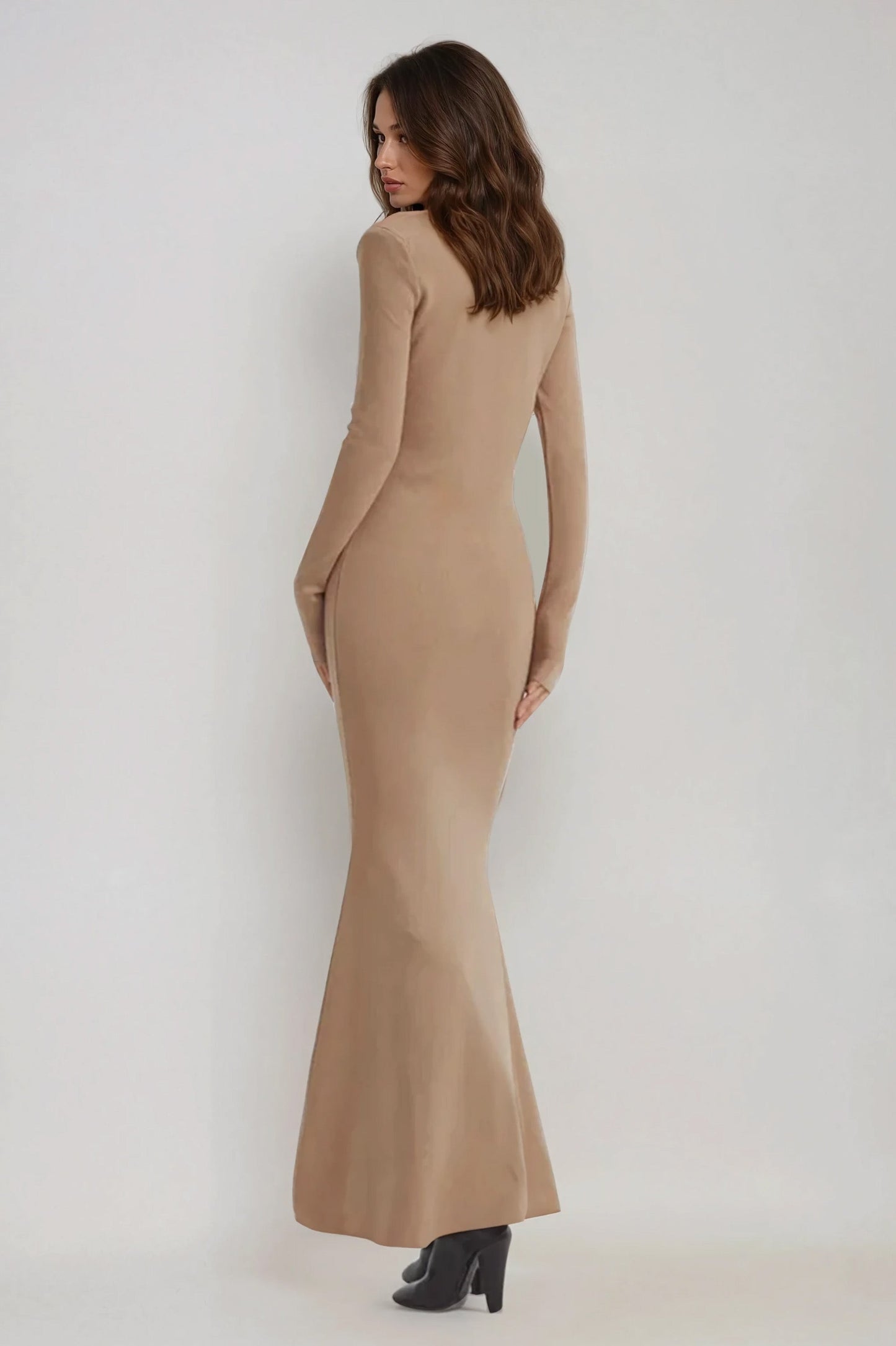 Long Sleeve High Neck Bodycon Maxi Dress - Brown