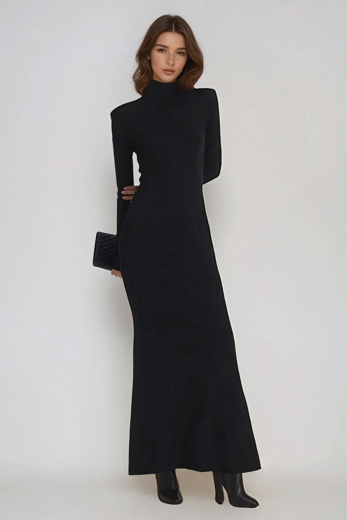 Long Sleeve High Neck Bodycon Maxi Dress - Black