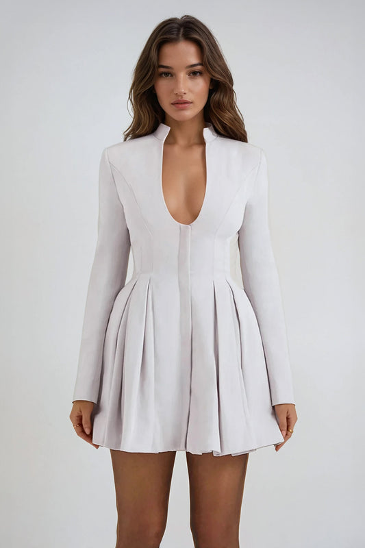 Long Sleeve Pleated Mini Dress with Structured Neckline - Gray