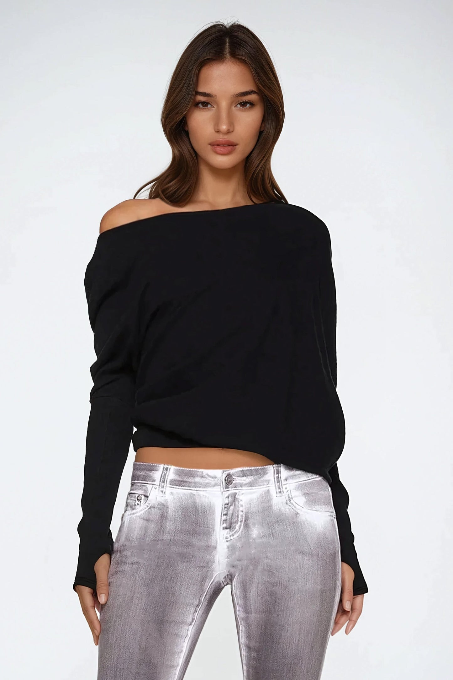 Off-Shoulder Long Sleeve Top - Black