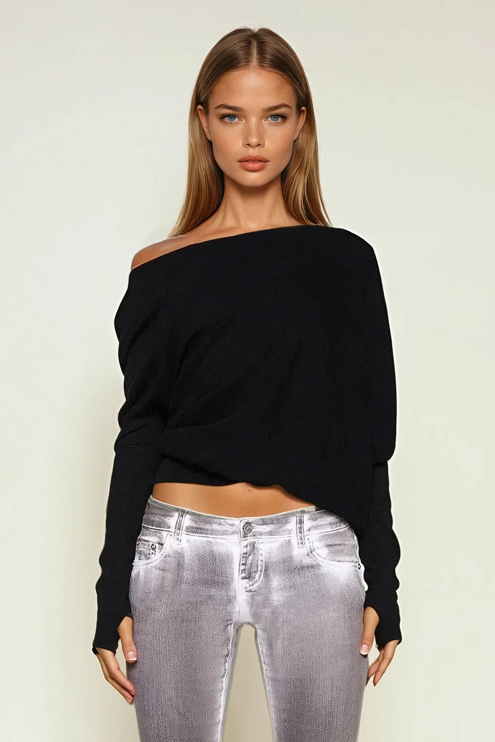 Off-Shoulder Long Sleeve Top - Black
