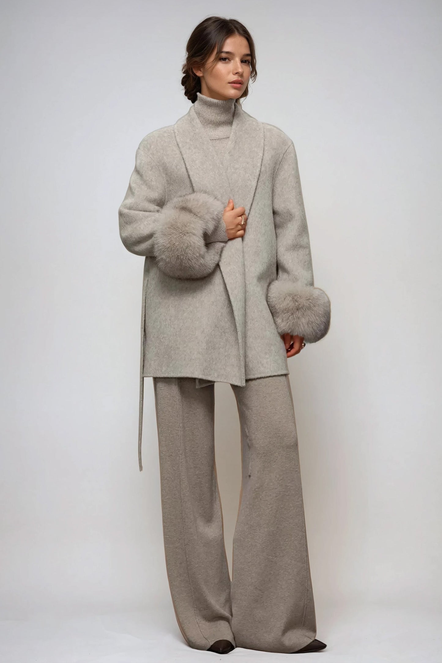 Belted Wrap Coat with Faux Fur Cuff Details - Beige