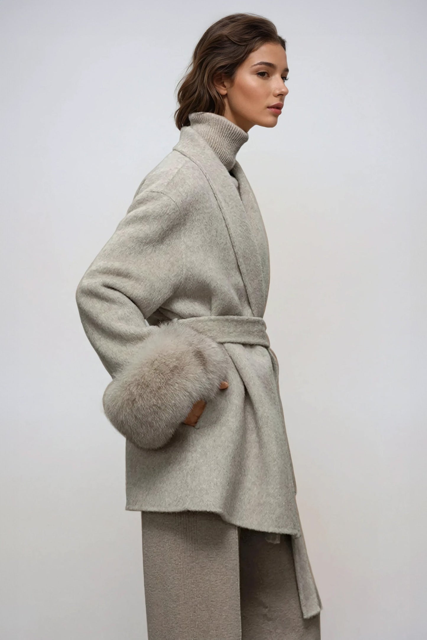 Belted Wrap Coat with Faux Fur Cuff Details - Beige