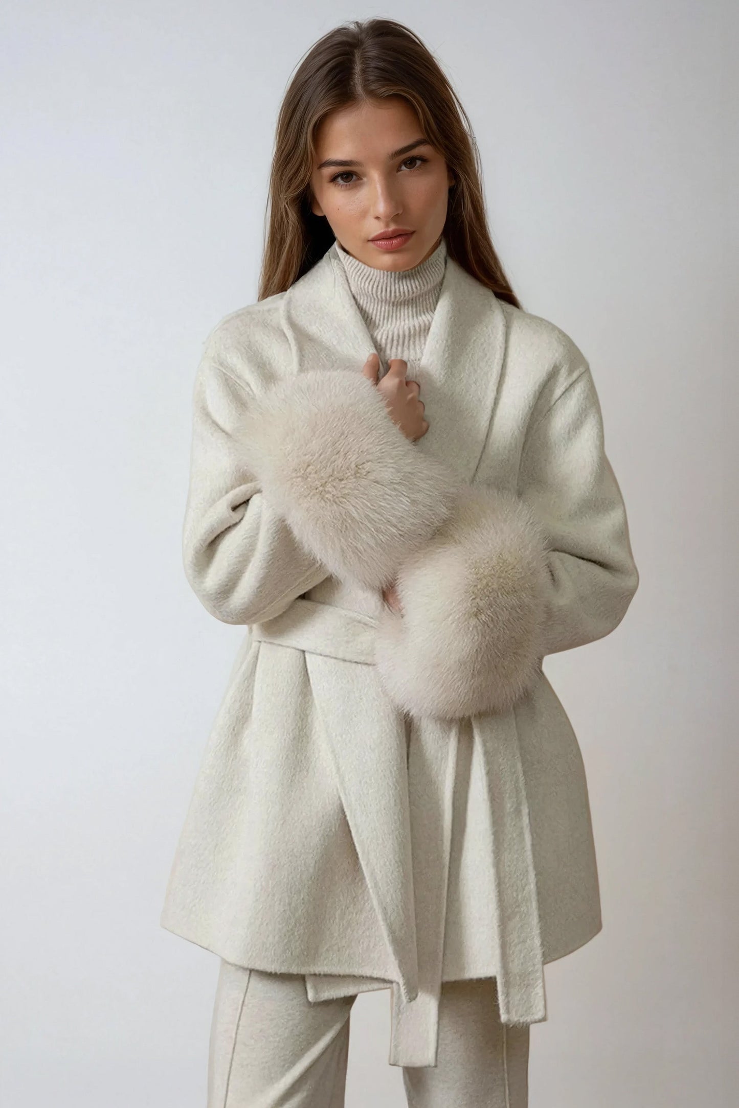 Belted Wrap Coat with Faux Fur Cuff Details - Ivory