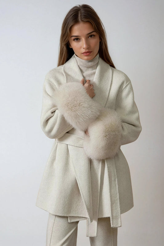 Belted Wrap Coat with Faux Fur Cuff Details - Ivory
