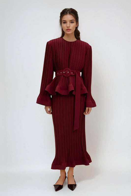 Two-Piece Set with Pleated Peplum Top and Midi Skirt - Burgundy