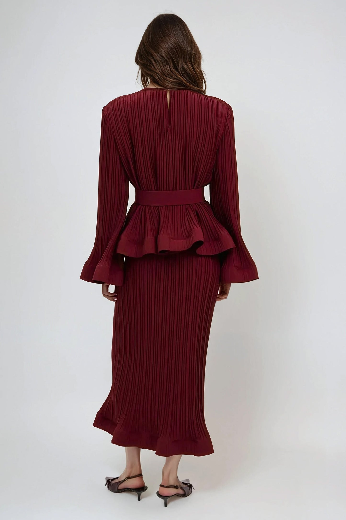 Two-Piece Set with Pleated Peplum Top and Midi Skirt - Burgundy