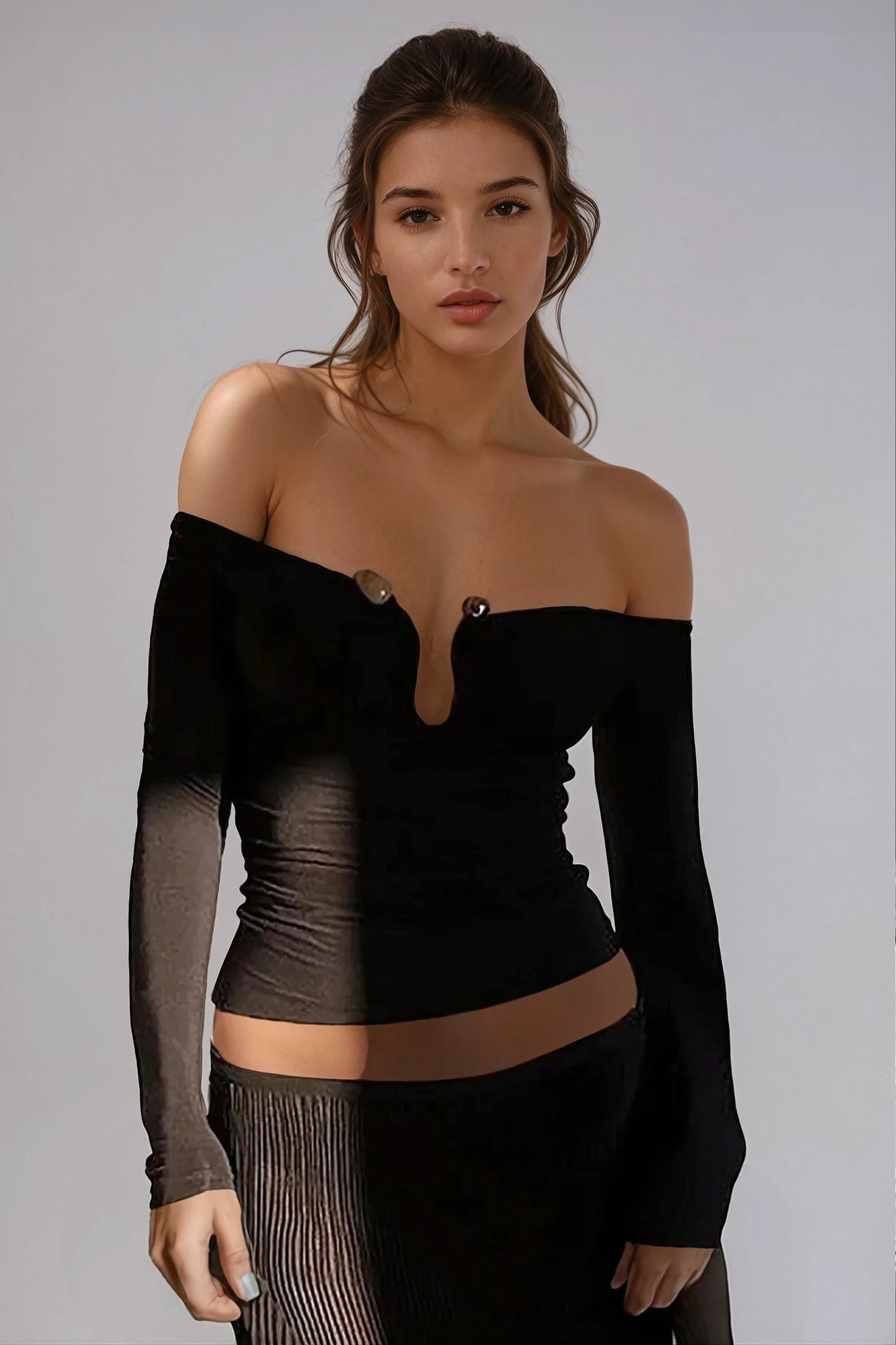 Off-Shoulder Long Sleeve Ruched Top with Decorative Embellishments - Black