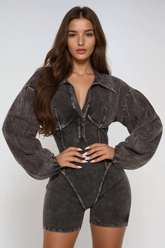 Long Sleeve Romper with Corset Detailing - Black