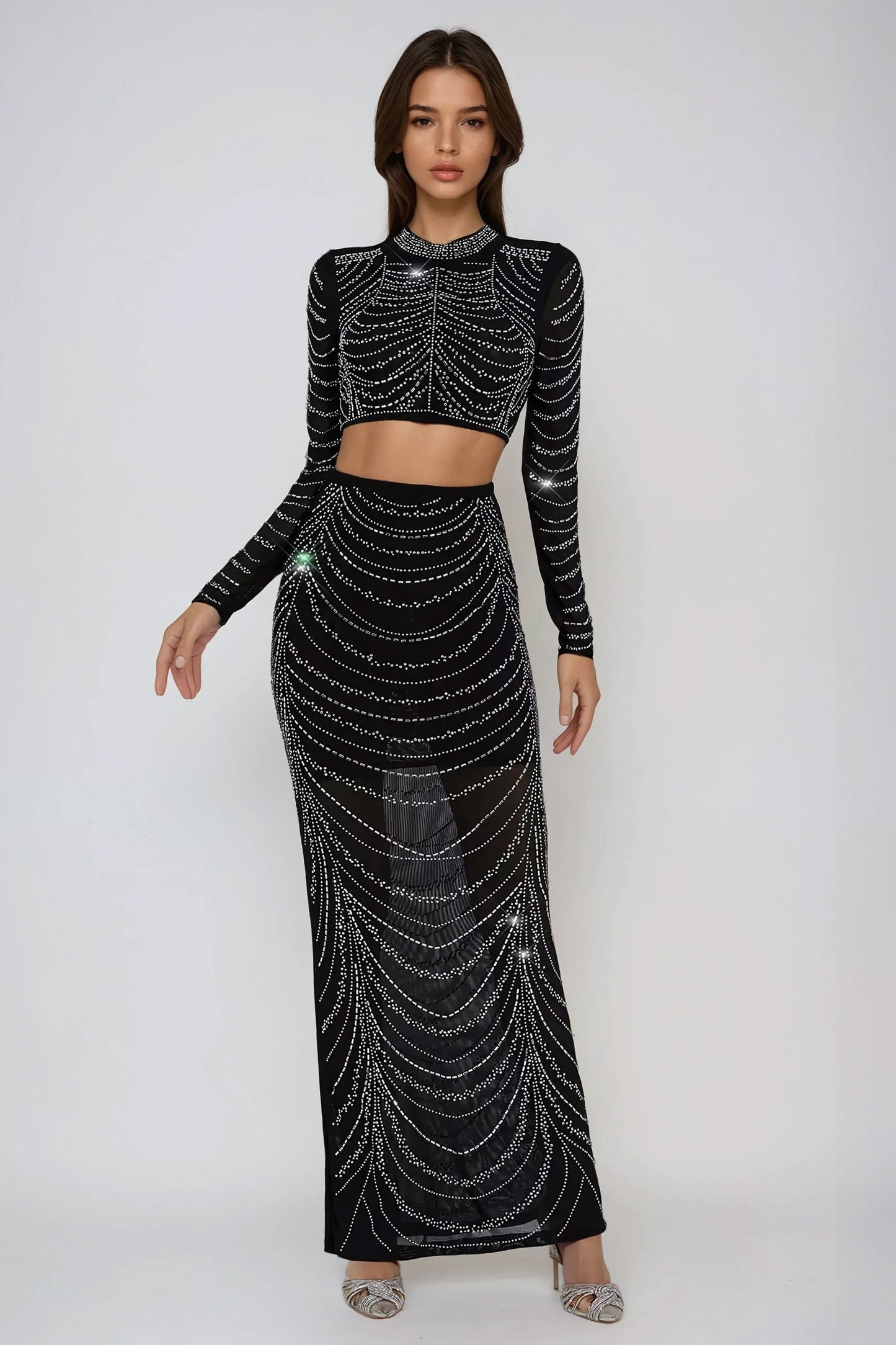 Two-Piece Set with Embellished High-Neck Sheer Top and Maxi Skirt - Black