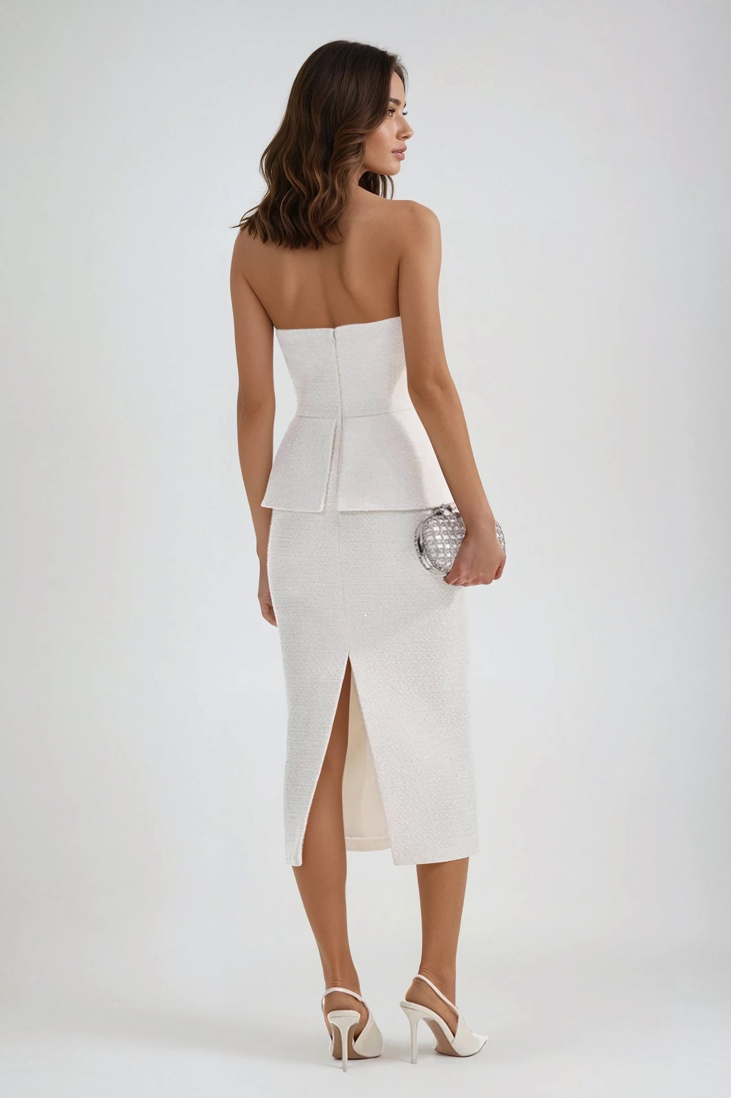 Strapless Midi Dress with Peplum Detail and Back Slit - White