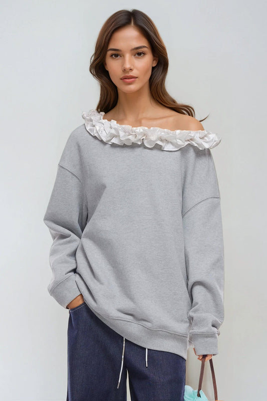 Off-Shoulder Sweatshirt with Ruffle Trim Neckline - Gray