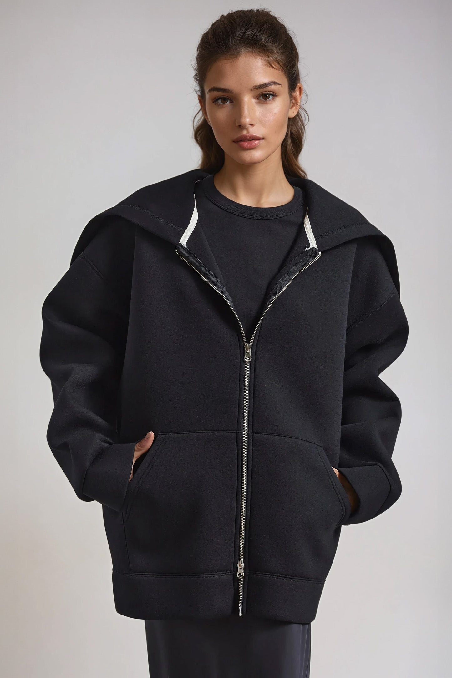 Oversized Hooded Jacket with Zip-Up Closure and Unique Overlay Design - Black