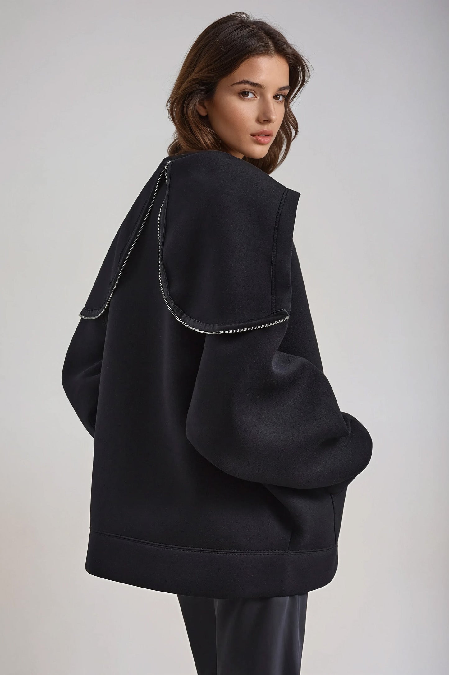 Oversized Hooded Jacket with Zip-Up Closure and Unique Overlay Design - Black