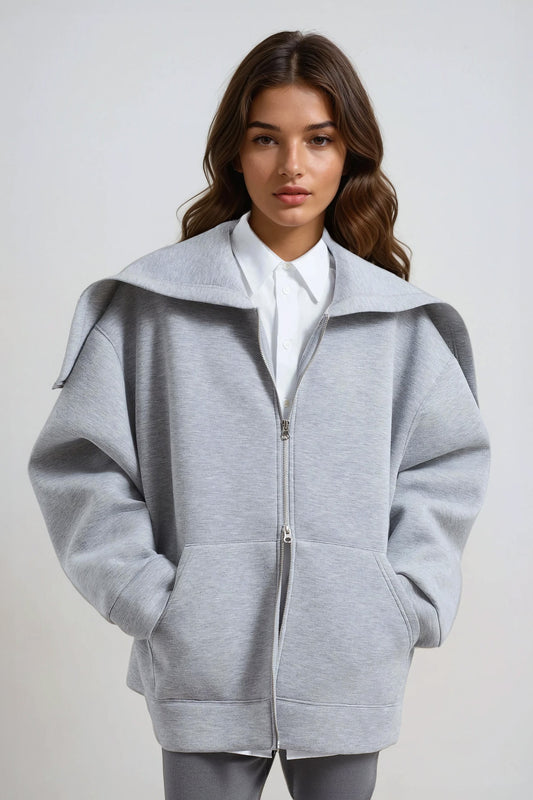 Oversized Hooded Jacket with Zip-Up Closure and Unique Overlay Design - Gray