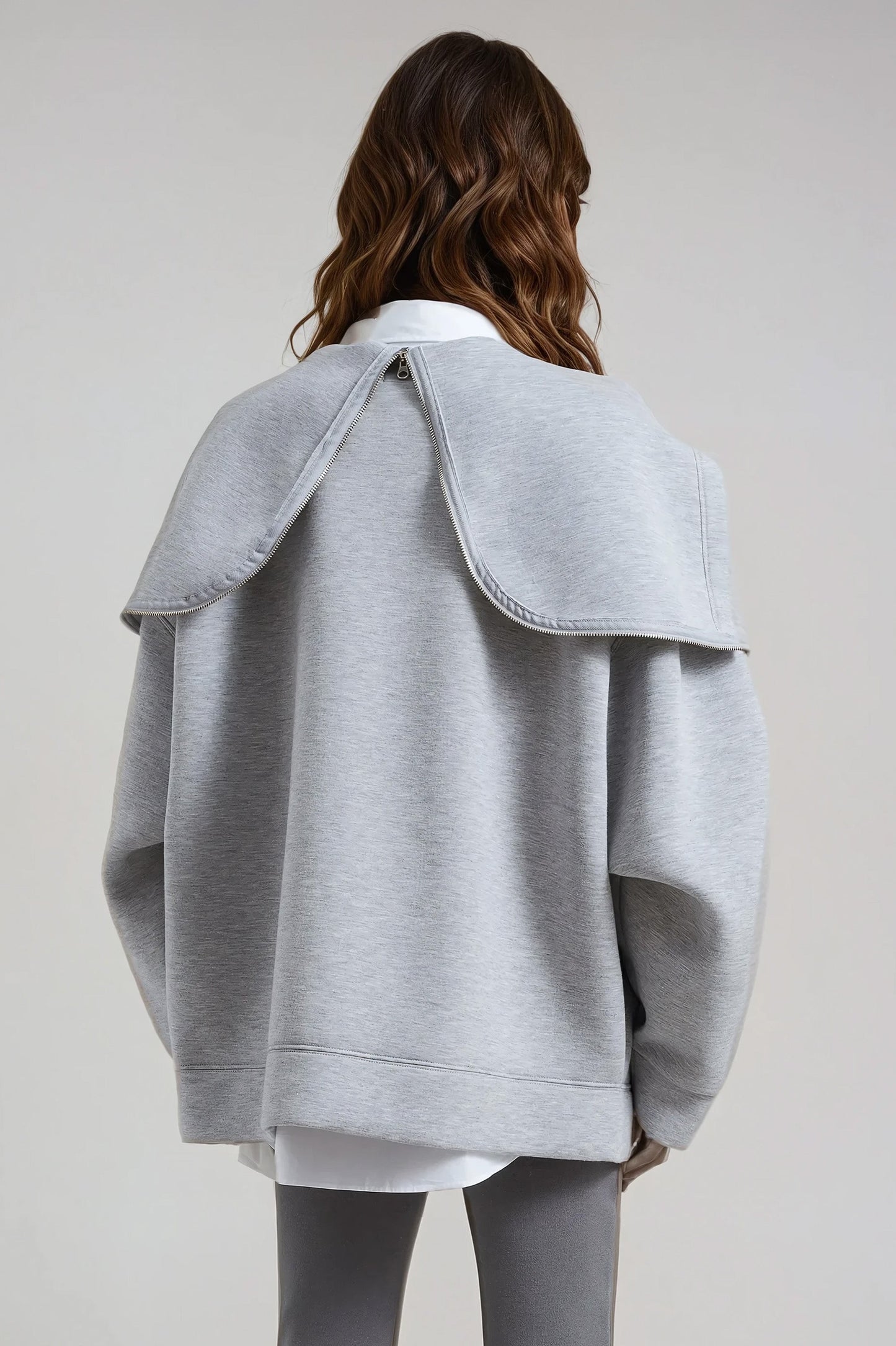 Oversized Hooded Jacket with Zip-Up Closure and Unique Overlay Design - Gray