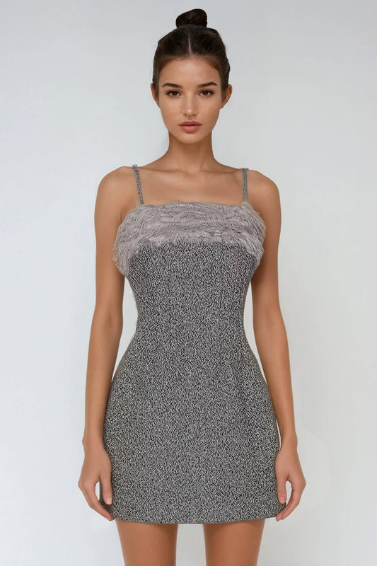 Spaghetti Strap Mini Dress with Textured Fabric and Trimmed Neckline - Gray