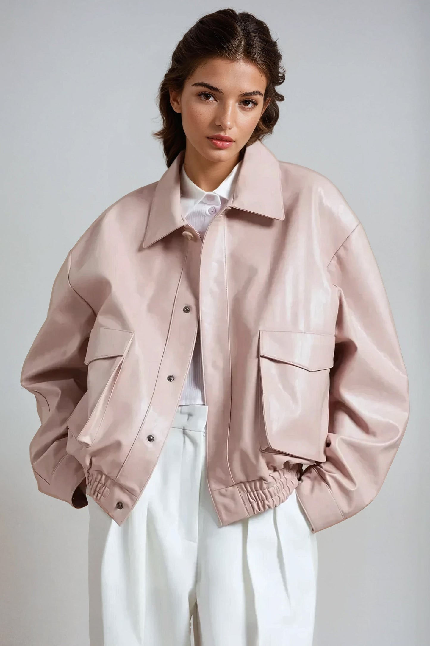 Collared Oversized Jacket with Utility Pockets - Pink