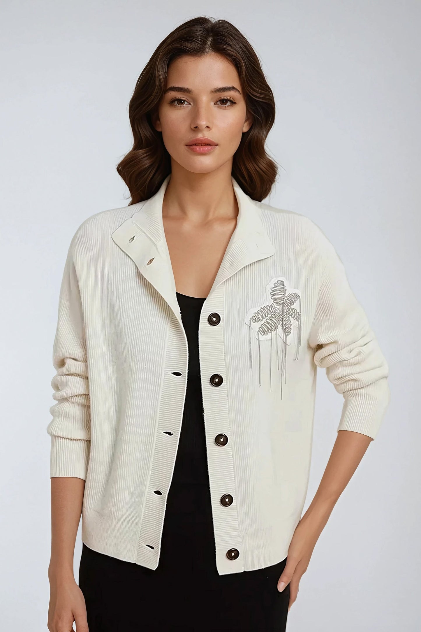 Button-Up Ribbed Knit Cardigan with Embellished Collar - Beige