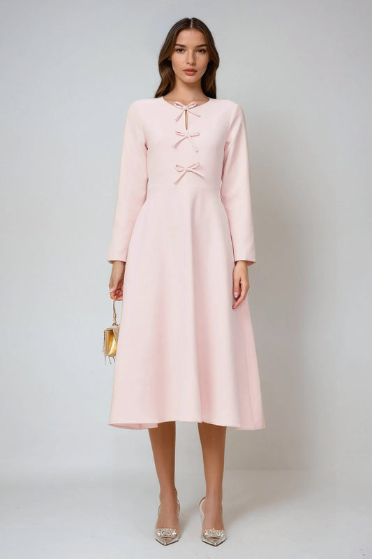 Long-Sleeve Midi Dress with Bow Details and Keyhole Neckline - Pink